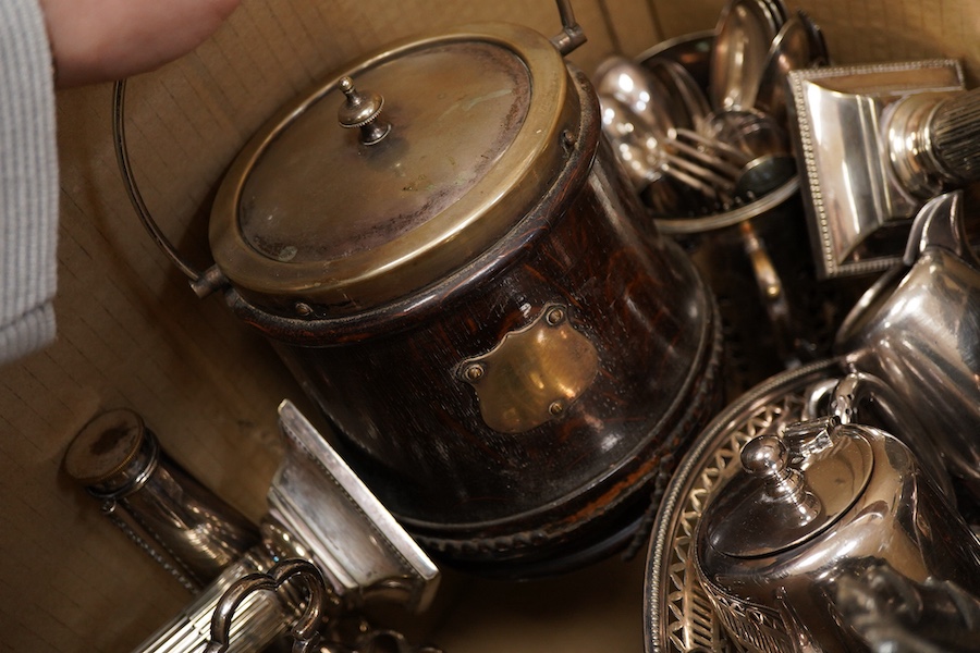 A collection of electroplate including a meat dome- 31cm wide, a kettle on stand, a pair of candle sticks etc